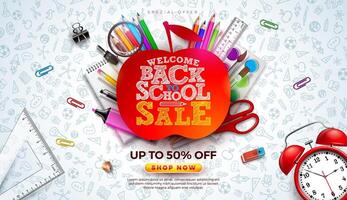 Back to School Sale Design with Alarm Clock, Apple Symbol and School Items on Hand Drawn Doodles Background. Education Business Concept Illustration with Special Offer Typography Elements for vector