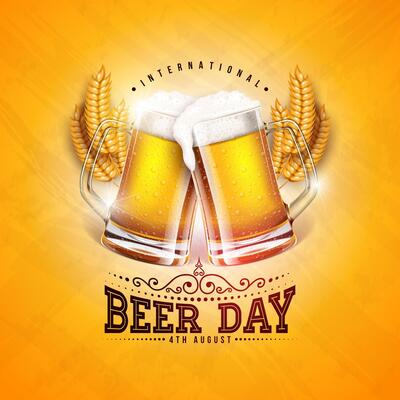 International Beer Day Design with Freshly Tapped Beer in the Mug and Barley Ears on Vintage Yellow Background. August 4 Cheers Celebration Holiday Illustration with Typography Letter for