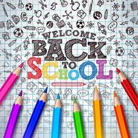 Back to school design with colorful pencil and typography letter on square grid booklet background. education concept illustration for greeting card, banner, flyer, invitation, brochure or vector
