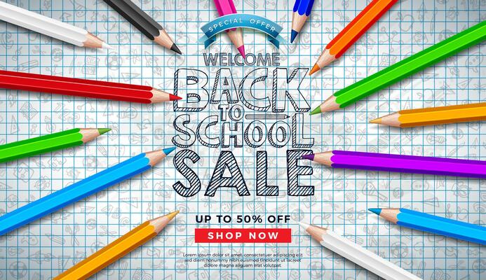 Back to School Sale Design with Colorful Pencil and Hand Drawn Doodles on Square Grid Background. Illustration with Special Offer Typography Elements for Coupon, Voucher, Banner, Flyer, Poster