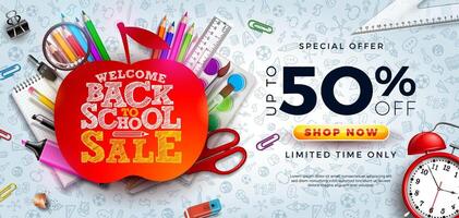 Back to School Sale Design with Alarm Clock, Apple Symbol and School Items on Hand Drawn Doodles Background. Education Business Concept Illustration with Special Offer Typography Elements for vector