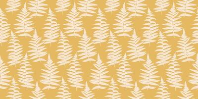 Vintage yellow pattern with abstract artistic branches leaves fern. hand drawing. Shapes stylized plants seamless print. Simple ornament for designs, textile, fabric, cover vector
