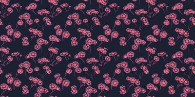 Summer pattern with tiny branches flowers chamomile on a black dark background. Abstract artistic floral seamless print. hand drawing sketch. Design for fashion, fabric, wallpaper, textiles, vector