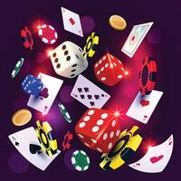 Casino playing, tokens with rolling dice Background vector