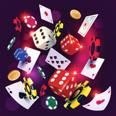 Casino playing, tokens with rolling dice Background