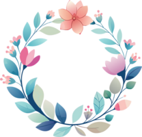 A vibrant floral wreath with pink flowers and blue-green leaves, perfect for adding a touch of spring to your designs. png