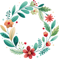 A colorful floral wreath with green leaves, red berries, and yellow and red flowers. png