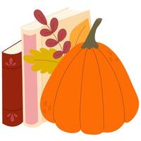 Stacked books, pumpkin and autumn leaves. Greeting card template. Set of reading elements for bookshop, library, bookstore or education vector
