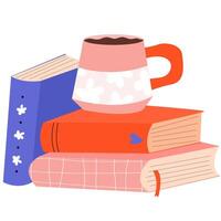 Stack of books and coffee cup. World Book Day. Set of reading elements for bookshop, library, bookstore or education vector