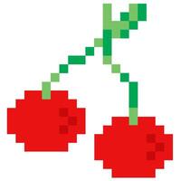 Cherry in pixel art. Cherry in retro 8-bit game style. Pixel cherry design for stickers, icons, cards. vector