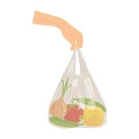 A plastic or eco package with different ripe vegetables in a human hand. Flat style bag with vegetables. No plastic. vector