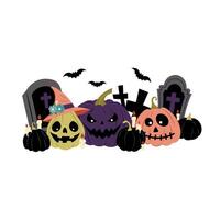 Happy Halloween day. Colorful pumpkins with scary face, tombstones and bats. Background for a scary Halloween party. Illustration in flat style. vector