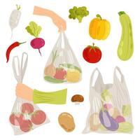 Vegetables. Set illustrations of ripe vegetables in in plastic or biodegradable bag. Shopping package with various grocery product. vector
