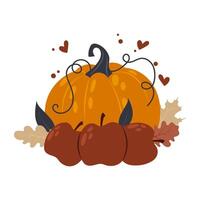 Orange pumpkin with apples and fall leaves. Autumn vegetables. Fall holiday decor with pumpkin. Flat style illustration. vector