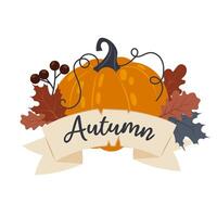 Autumn banner with pumpkin, leaves and berries. Autumn. Paper ribbon with lettering in flat style. Ripe pumpkin, fall decor, stickers. vector