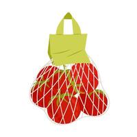 Tomato. Tomato in a mesh bag. Tomatos in a bag. Organic farm vegetables. Illustration in flat style on white background. vector