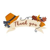 Fall banner with leaves, a hat and a thank you message. Autumn. Autumn holiday lettering in flat style. vector