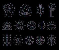 A set of mystical holographic badges. Graphic element for company brand, packaging, product. Outline symbol. Abstract sign with holographic effect. vector