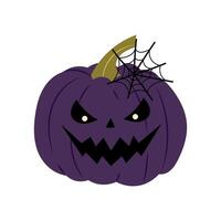 Halloween. Purple pumpkin with a spider web and a scary face. Scary pumpkin character in flat style on white background. vector