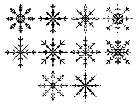 Set of black and white icons of openwork snowflakes. Snow. Collection of elegant snowflakes in line art style for winter, New year, Christmas design.