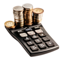 Calculator with stack of coins on transparent background png