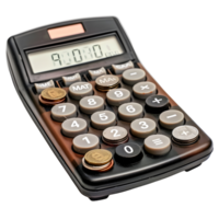Calculator with stack of coins on transparent background png