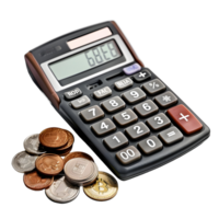 Calculator with stack of coins on transparent background png