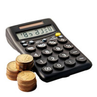 Calculator with stack of coins on transparent background png