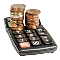 Calculator with stack of coins on transparent background png