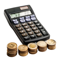 Calculator with stack of coins on transparent background png