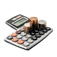Calculator with stack of coins on transparent background png