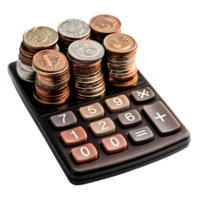 Calculator with stack of coins on transparent background png