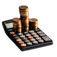Calculator with stack of coins on transparent background png