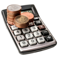 Calculator with stack of coins on transparent background png