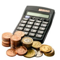 Calculator with stack of coins on transparent background png