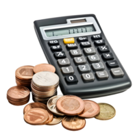 Calculator with stack of coins on transparent background png