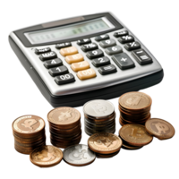Calculator with stack of coins on transparent background png