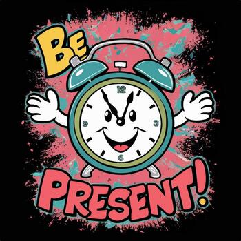 T shirt design of Be Present clock with a smiling face and open arms with black background vector