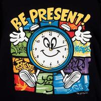 T shirt design of Be Present Cartoon clock with a smiling face and open arms with black background vector