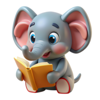 Cute Elephant Animal Read A Book 3d Render png
