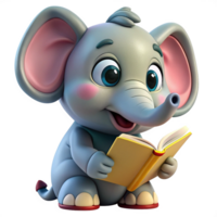 Cute Elephant Read A Book 3d Illustration png