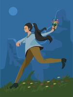 girl running over flower filed with holding flower bouquet on hand vector