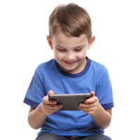 Smiling boy playing games on a handheld device png