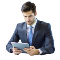 Man in a business suit using a digital tablet png