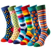 Colorful patterned socks arranged in a neat row png