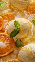 Fruit background with tangerine slices in juice, with ice cream balls, ice cubes and mint leaves. photo