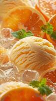 Fruit background with tangerine slices in juice, with ice cream balls, ice cubes and mint leaves. photo