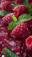 Fruity background with fresh raspberries in juice, ice cubes and mint leaves is an explosive taste of summer. photo