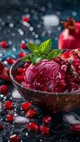 Fruit background with pomegranate seeds in juice, with ice cream balls, ice cubes and mint leaves. photo