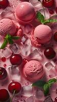 Fruit background with cherry berries in juice, with ice cream balls, ice cubes and mint leaves. photo
